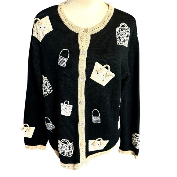Vintage Talbot Black Tan Beaded Embroidered Handbag Cardigan Ugly Sweater 1X - Picture 1 of 9